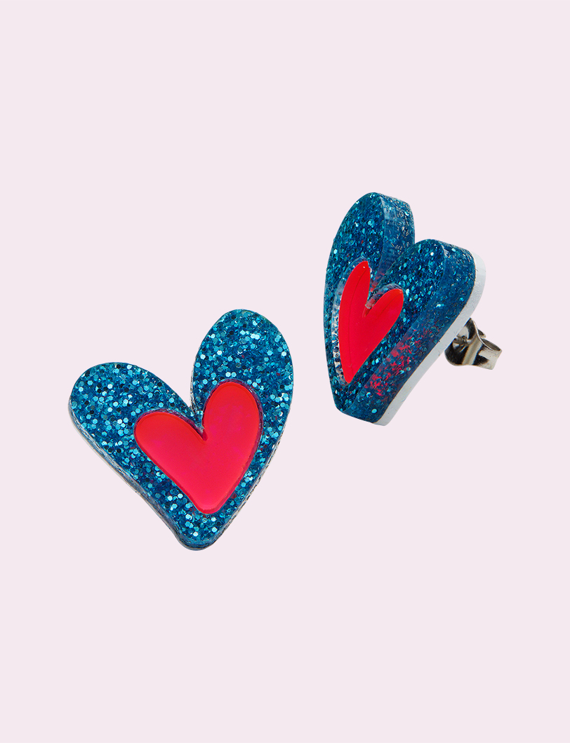 Cyan Heart Stud Earrings